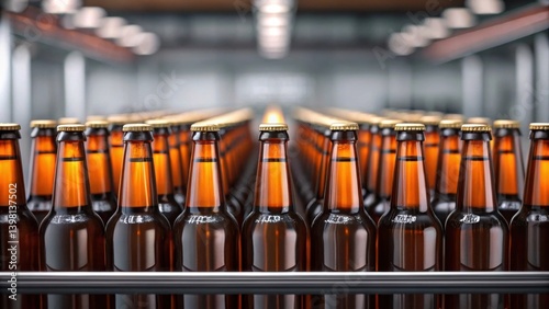 Bottles of beer lined up in a factory setting, showcasing vibrant amber colors.