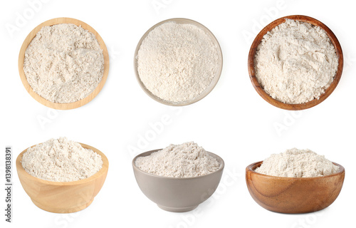 Brown rice flour in bowls isolated on white, collage. Top and side view