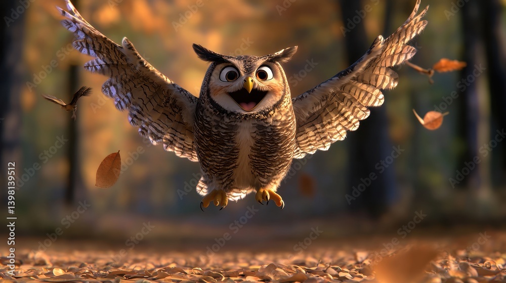Playful Cartoon Owl in Flight Amidst Falling Autumn Leaves
