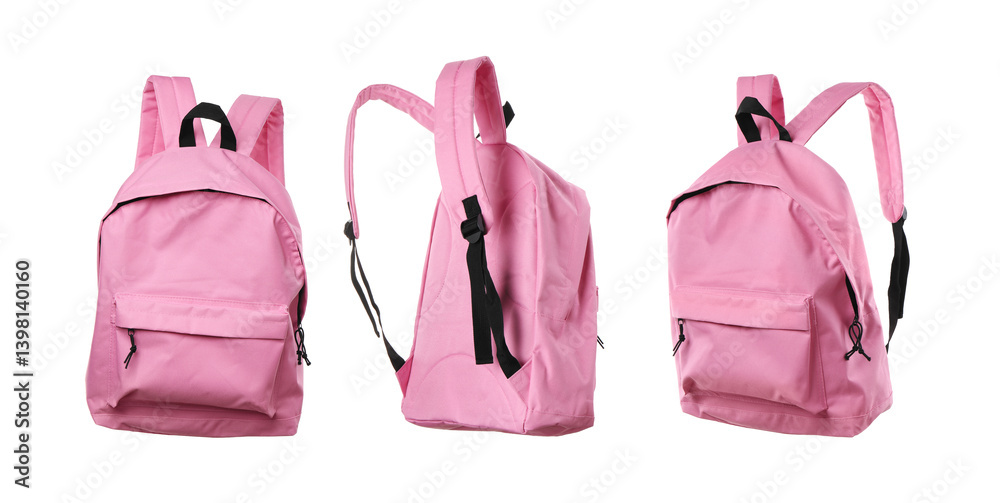 Pink backpack isolated on white, collage. Different sides