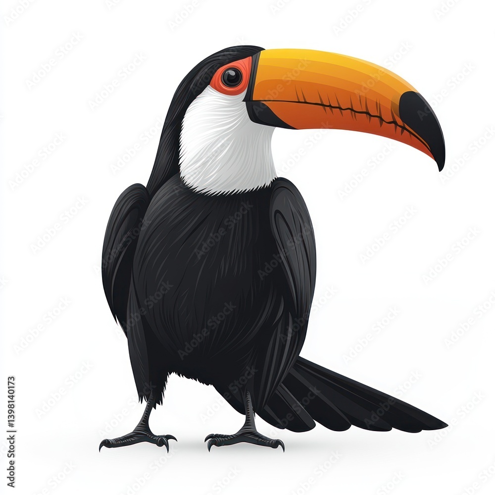 Obraz premium Toucan bird illustration, standing, white background, tropical, wildlife design