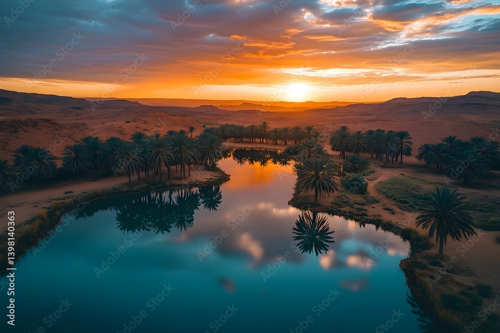 Obraz premium Beautiful desert oasis with palm trees and a water pond at sunset.