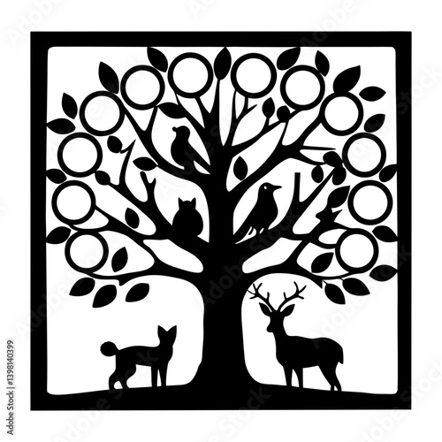 Black and White Family Tree Illustration with Animals and Birds in a Square Frame