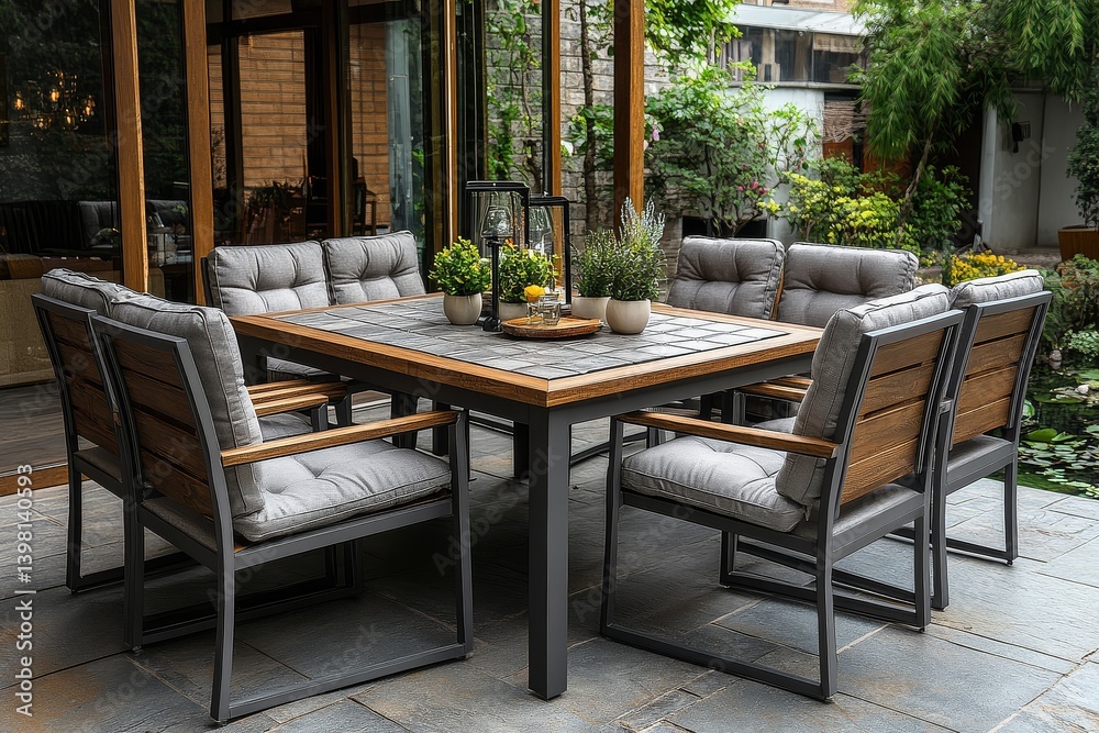 Fototapeta premium Zapatio L outdoor dining set with tile-top table and six chairs, perfect for patio or garden, offering elegance and comfort in outdoor spaces.