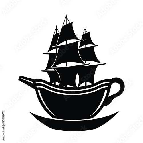 A silhouette of a ship in a teacup on white background.