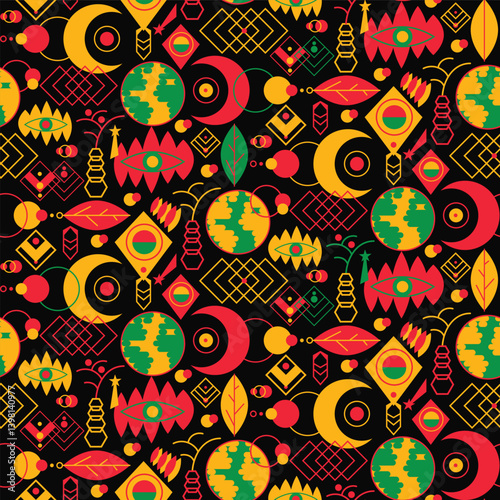 African tribal seamless pattern in red, yellow, green colors with voodoo amulets talismans jewelry and pottery. Ornate for printing, wrapping and packaging. Vector isolated on black background