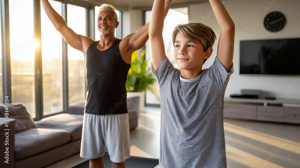 Father and son morning stretching exercise in spacious living room