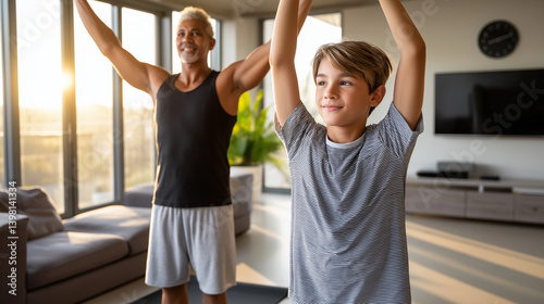 Obraz na płótnie Father and son morning stretching exercise in spacious living room w salonie