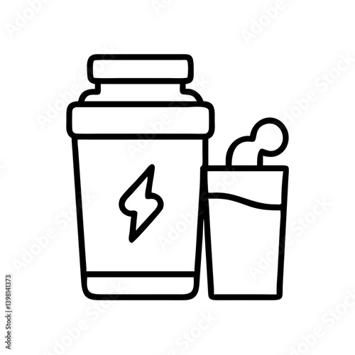 Protein shake supplement container with lightning bolt and glass of protein drink