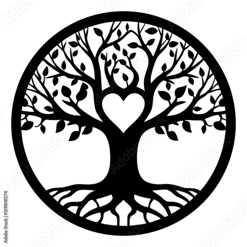 Circular Tree of Life with Heart Centered Design Black and White Illustration