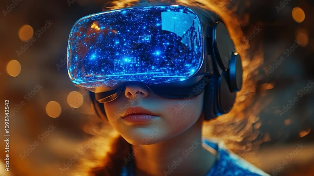 Girl in virtual reality. A child with a glowing VR headset is immersed in an interactive digital world, highlighting advanced tech. Girl in virtual reality. A child with a glowing VR headset is immersed in an interactive digital world, highlighting advanced tech.