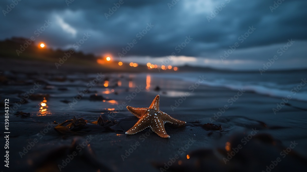 Fototapeta premium Starfish on Twilight Beach with Coastal Night Scene.