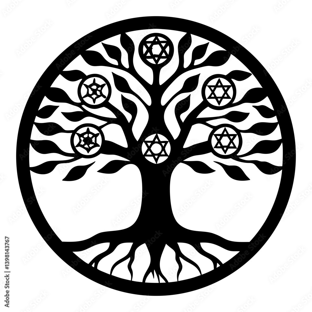 Circular Tree of Life with Five Interlocking Stars Depicting Jewish Mysticism and Kabbalah Circular Tree of Life with Five Interlocking Stars Depicting Jewish Mysticism and Kabbalah