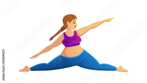 Illustration of a plus-size woman practicing yoga in a Trikonasana (Triangle Pose) position. She is wearing a purple sports top and blue leggings, with her hair in a braid. 