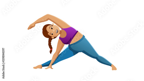 Illustration of a plus-size woman practicing yoga in a Trikonasana (Triangle Pose) position. She is wearing a purple sports top and blue leggings, with her hair in a braid. 