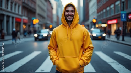 Smiling depression smiling face of loneliness concept. A smiling man in a yellow hoodie stands confidently on a city crosswalk, surrounded by traffic and urban buildings.