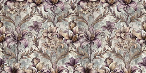 Elegant floral pattern with purple and cream lilies on a textured background.