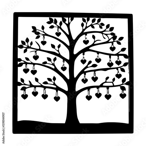 Black and White Silhouette of a HeartAdorned Tree in a Square Frame photo