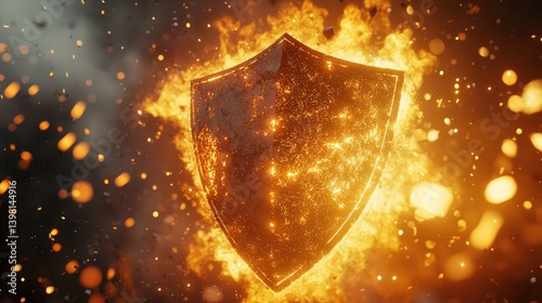 A strong, glowing shield enveloped in powerful orange flames, creating a dramatic protection symbol
