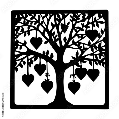 Black and White Silhouette of a HeartAdorned Tree in a Square Frame Romantic Valentine's Day Decoration photo