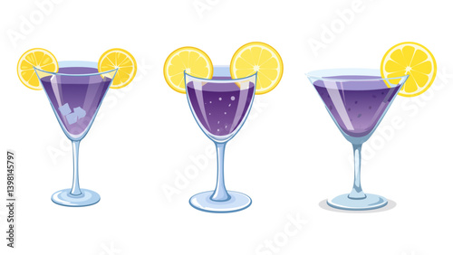A beautifully hand-drawn illustration of a cocktail served in a transparent glass, featuring a deep purple-hued drink with ice. The beverage is elegantly garnished with two fresh lemon slices 