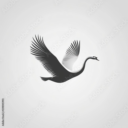 Elegant swan in flight, minimalist design, grey background, logo concept