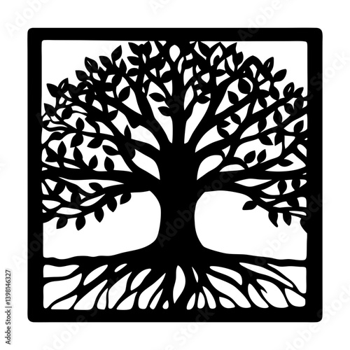 A Black and White Square Image of a Detailed Tree of Life with Extensive Roots and Branches