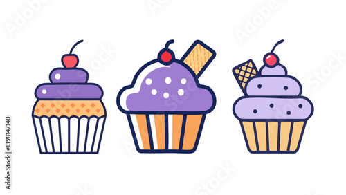 A hand-drawn digital illustration of a gourmet cupcake with vibrant purple frosting, decorated with chocolate sprinkles, a red cherry on top, and a wafer cookie.