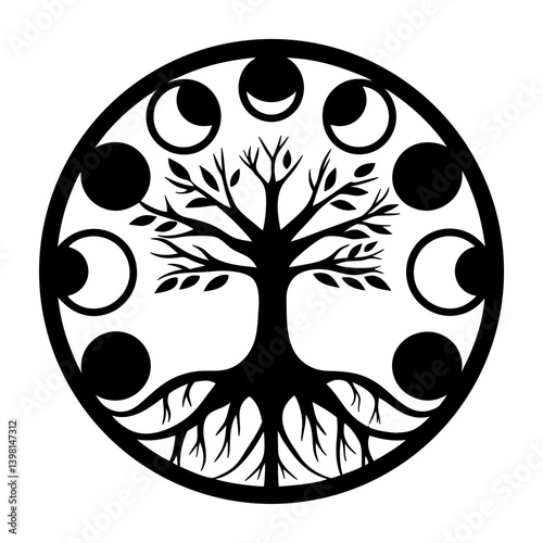 Mystical Tree of Life Encircled by Phases of the Moon Celestial Symbolism