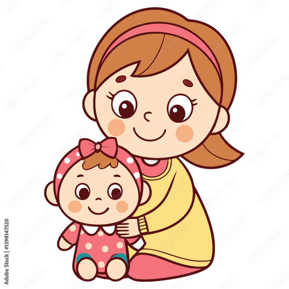 Cartoon Girl Hugging Baby Doll with Polka Dots on White Background Cartoon Girl Hugging Baby Doll with Polka Dots on White Background