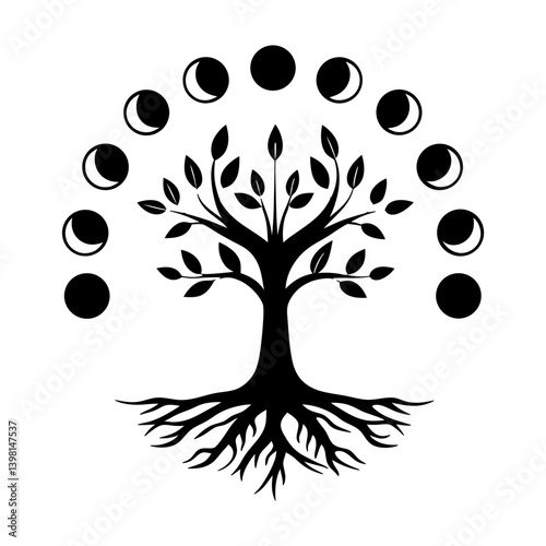 Mystical Tree of Life with Moon Phases Celestial Symbolism Wiccan Pagan Nature Spirituality