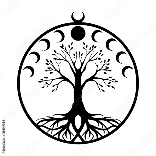 Mystical Tree of Life Encircled by Phases of the Moon Celestial Art
