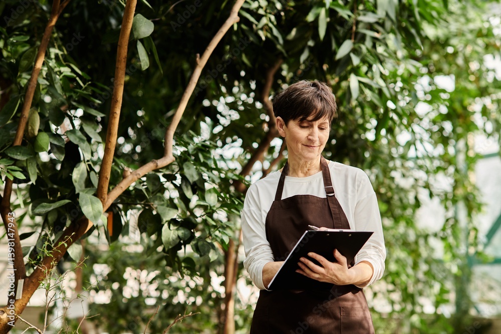 Confident mature woman engages with plants and notes in sunlit greenhouse Confident mature woman engages with plants and notes in sunlit greenhouse