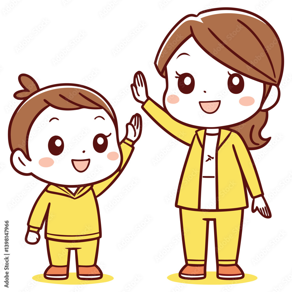 Cartoon Child and Woman Waving Hands Together on Transparent Background Cartoon Child and Woman Waving Hands Together on Transparent Background