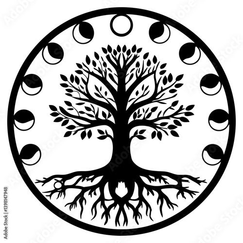 Mystical Tree of Life Encircled by Lunar Phases Celestial Design