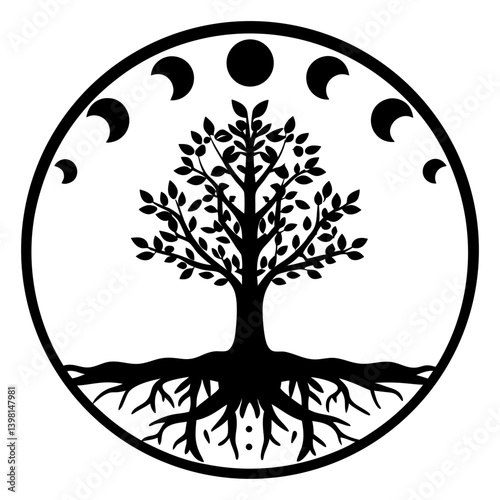 Mystical Tree of Life Encircled by the Phases of the Moon Celestial Symbolism Spiritual Growth Nature Art
