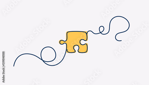 Puzzle piece isolated. Vector illustration. Jigsaw puzzle game. Yellow color. One continuous line.