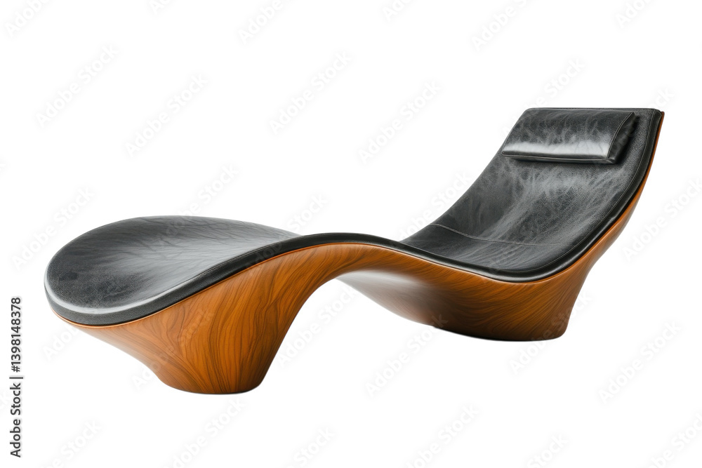 A sleek, modern chaise lounge inviting ultimate relaxation, crafted from rich dark leather and warm, polished wood, offering a haven of comfort and style. A sleek, modern chaise lounge inviting ultimate relaxation, crafted from rich dark leather and warm, polished wood, offering a haven of comfort and style.