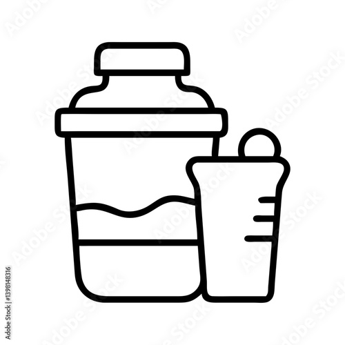 Protein shaker bottle and measuring cup vector icon for fitness and nutrition use