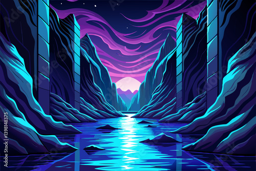 Dark volcanic bay with glowing water reflections, narrow bay framed by pitch black basalt walls and glowing indigo waves, metallic blues and purples area