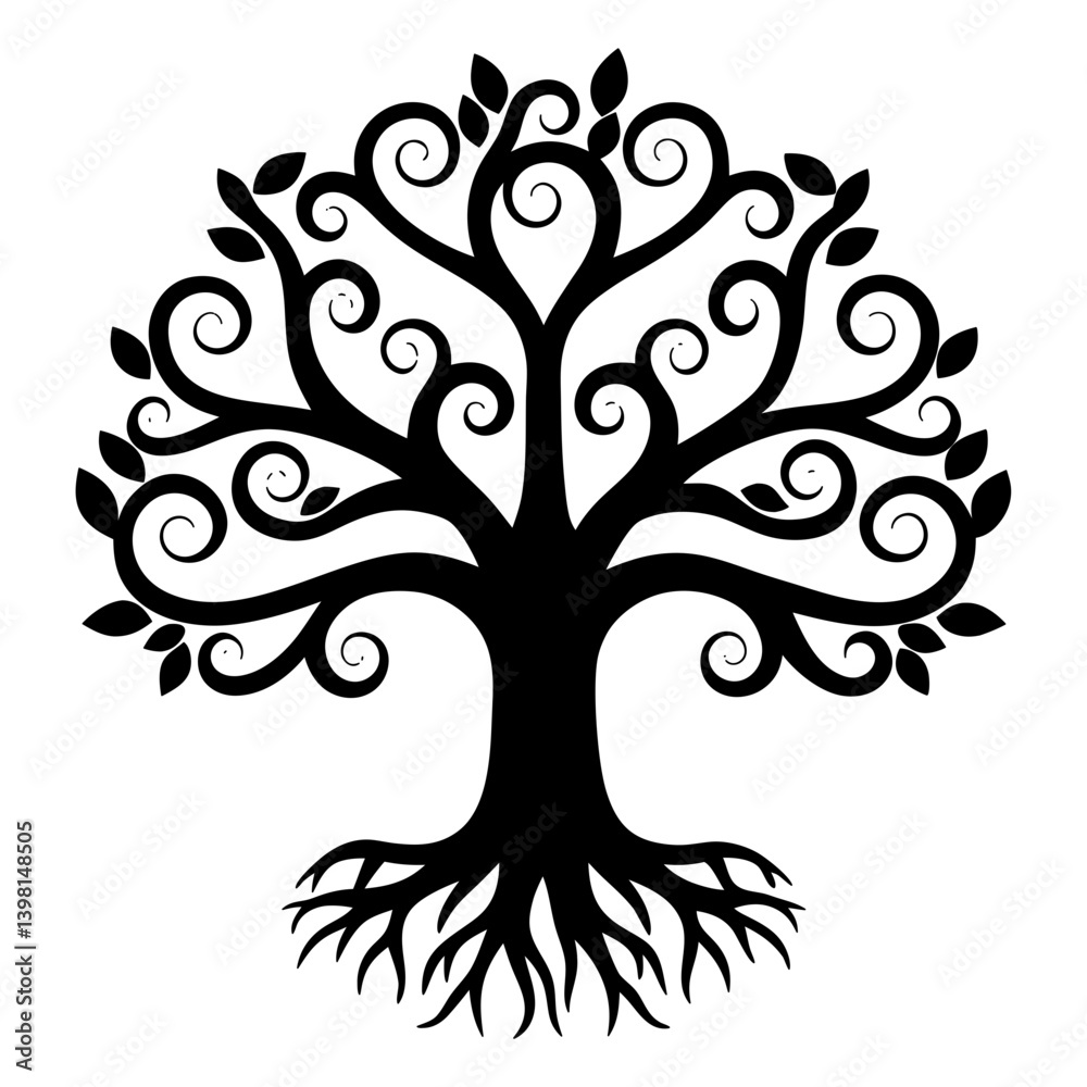 Obraz premium Ornate Black Tree of Life with Swirling Branches and Deep Roots Illustration