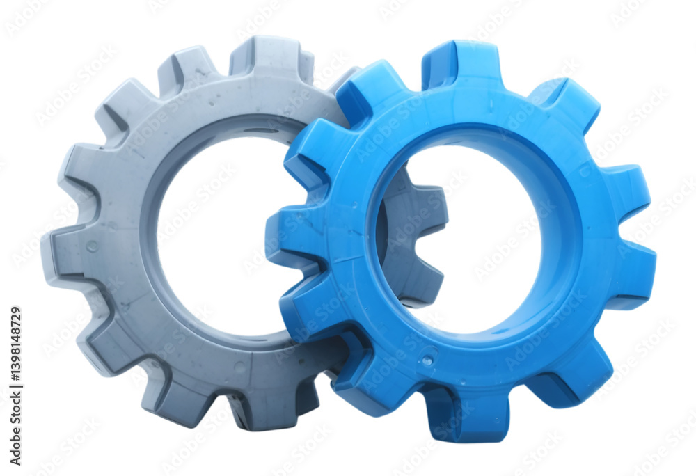 3D icon of two interlocking blue and gray gears with soft lighting and smooth surfaces, white background. 3D icon of two interlocking blue and gray gears with soft lighting and smooth surfaces, white background.
