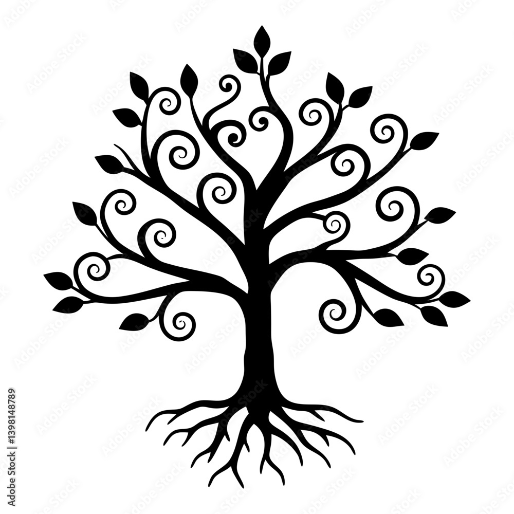 Obraz premium Ornate Black Tree of Life with Swirling Branches and Deep Roots Illustration