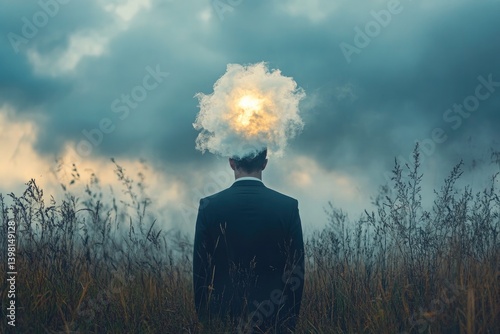 A Man in a Suit Stands in a Field with His Head Surrounded by a Bright Cloud, Symbolizing Inner Thoughts and Reflectio