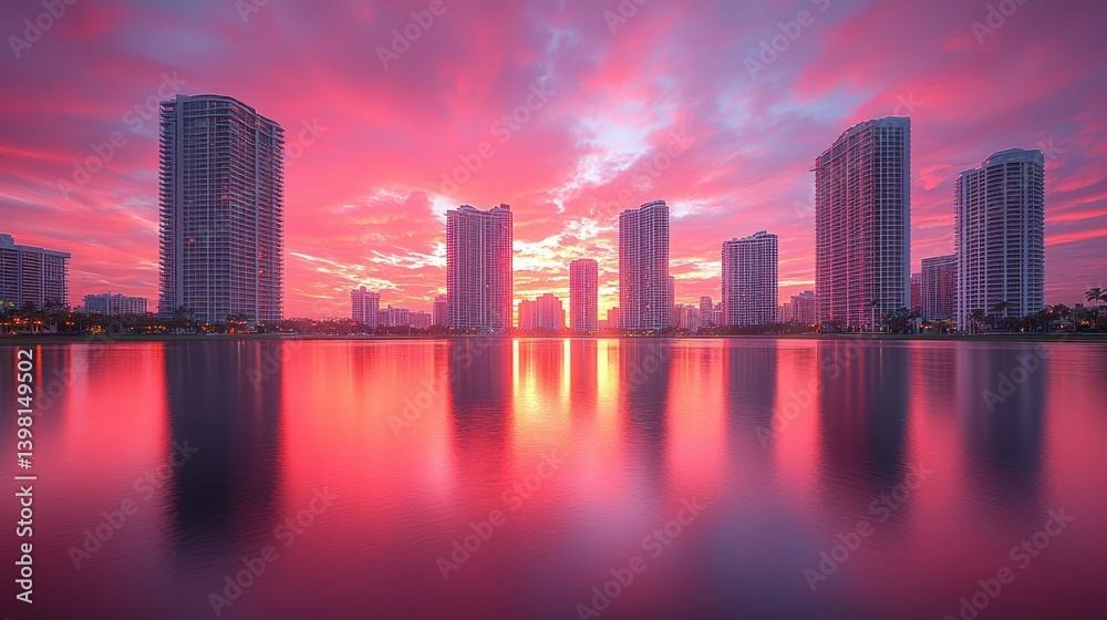 Obraz premium Vibrant Pink Sunset over City Skyline Reflection