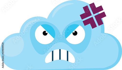 Blue angry Emoji Cloud with pulsating vein on forehead. Design element for children weather forecast. Funny kids icon. Simple cartoon vector element isolated on white background