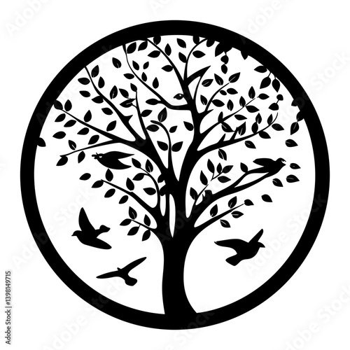 Circular Tree of Life with Birds in Silhouette Peaceful Nature Graphic Design
