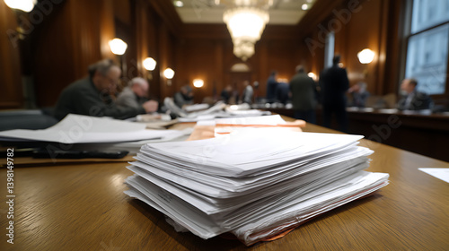 stack of legal documents sits on wooden table in courtroom, with blurred figures of people in background engaged in discussions. scene conveys serious and professional atmosphere