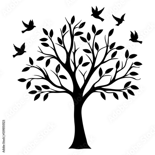 Silhouette of a leafy tree with birds flying around it a peaceful nature scene