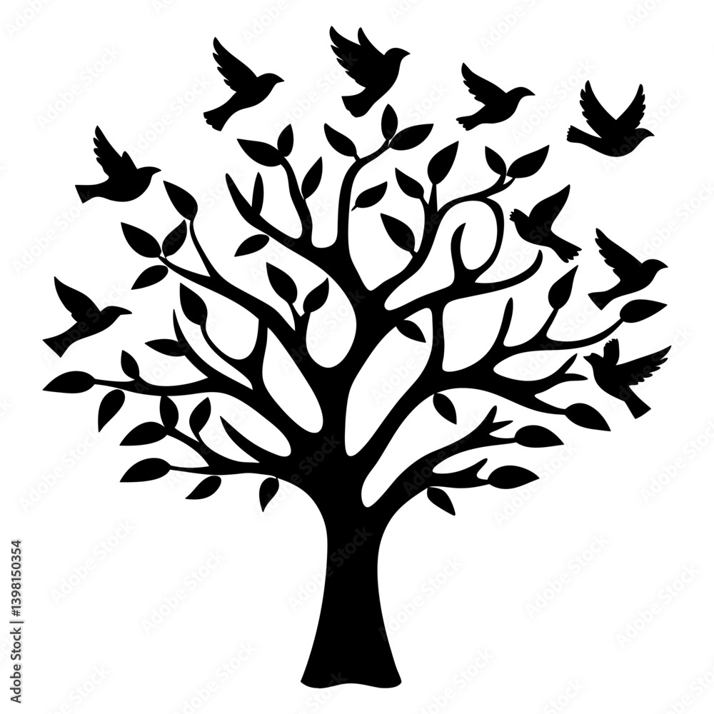 Silhouette of a Tree of Life with Birds Surrounding it Representing Peace and Harmony